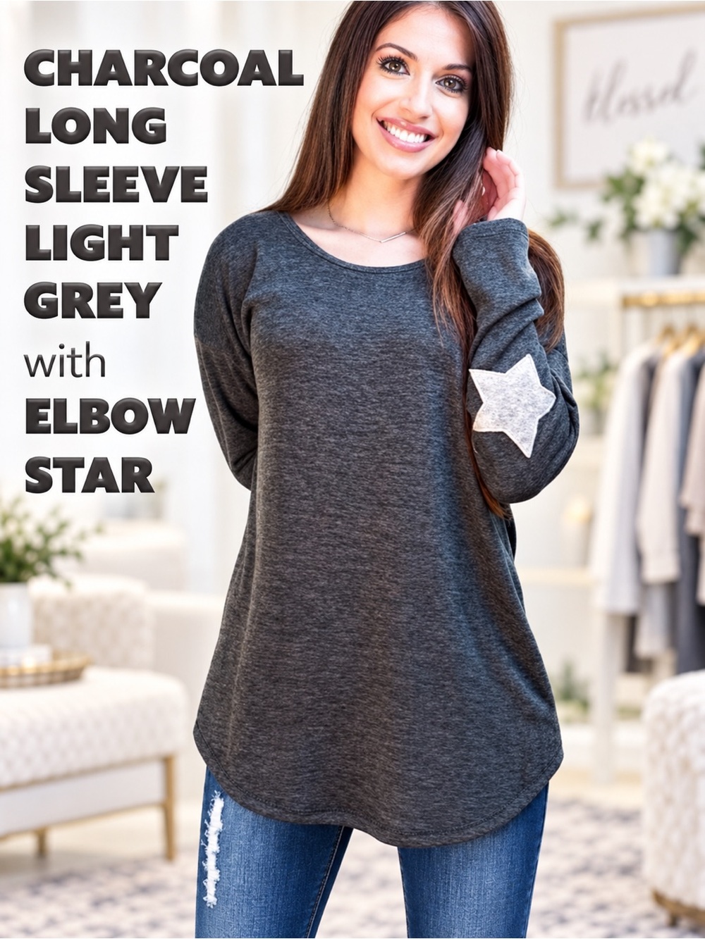 Charcoal Long Sleeve Light Grey Elbow STAR Top NEW